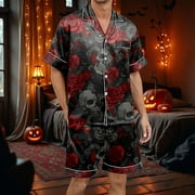BDTEMWBS Men's Printed Halloween Shirt Short Sleeve V Neck CasualCute Casual Short Sleeve Button Shirts and Loose Pants Outfits Loungewear 2 Piece Pjs,#13 L