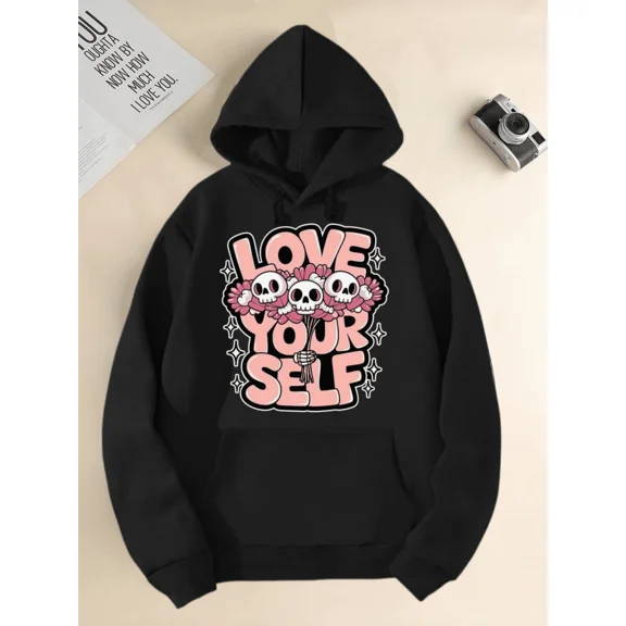 Men's Printed Hooded Sweatshirt With Cute Skull "Love Yourself" Graphic Comfortable Soft Long Sleeve Tops Unisex Casual Hoodie