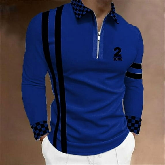 Men's Printed Pattern Polo Shirt Fashion Casual Long-Sleeved Lapel Zipper Polo Shirt Blue L