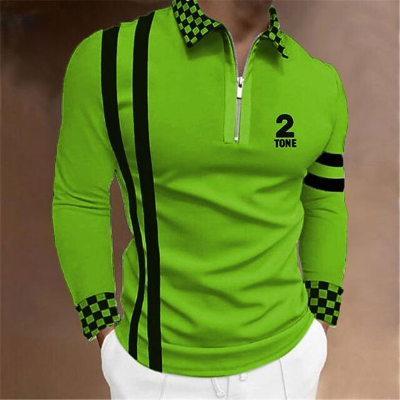 Men's Printed Pattern Polo Shirt Fashion Casual Long-Sleeved Lapel Zipper Polo Shirt Green XXL