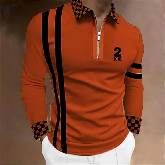 Men's Printed Pattern Polo Shirt Fashion Casual Long-Sleeved Lapel Zipper Polo Shirt Orange 3XL