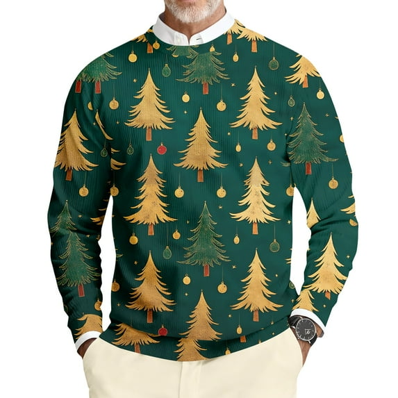 Men's Printed Round Neck Long Sleeve Ribbed Knit Sweatshirt - Christmas Dense Print Design for Holiday Fashion and Casual Winter Wear,Dark Green,M