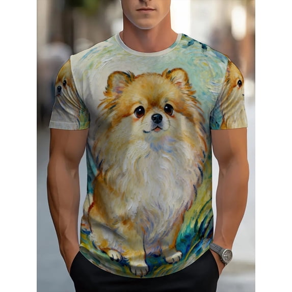 Men's Printed T-Shirt - Full Body Pomeranian Pattern Design Short Sleeve Crew Neck Casual Shirt, Light and Breathable, Suitable for Home Leisure and Outdoor Activities, Machine Wash