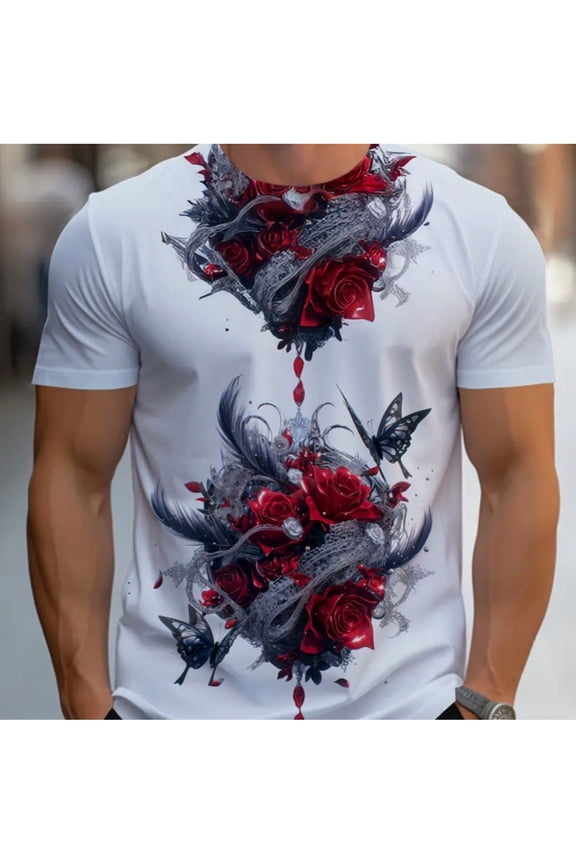 Men's Printed T-shirt Ideal for Restaurant Wear, White, Durable and Lightweight Material, Perfect for Casual Dining, Comfortable Fit, Elegant Butterfly and Rose Design Vivid Tiny, PLUS SIZE