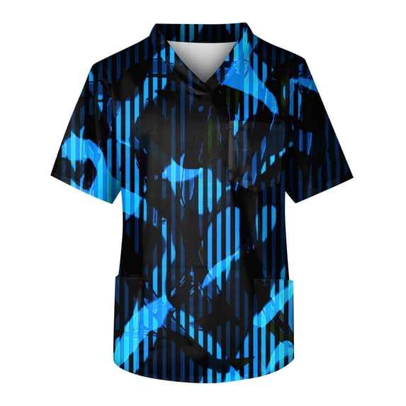Men's Printed V Neck Short Sleeve Tops Mens Scrubs with Chest Pocket Work Carer Uniform Shirts