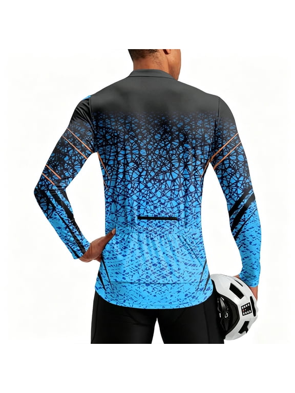 Men's Printed Zip Up Long Sleeve Cycling Jersey, Breathable Quick Dry Crew Neck Bike Shirt, for Outdoor Cycling And Sports Activities Blue L
