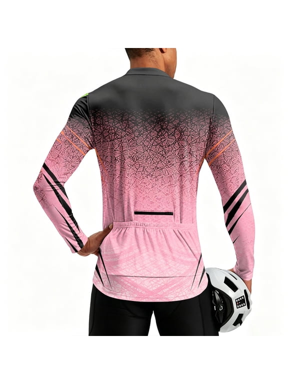 Men's Printed Zip Up Long Sleeve Cycling Jersey, Breathable Quick Dry Crew Neck Bike Shirt, for Outdoor Cycling And Sports Activities Pink L