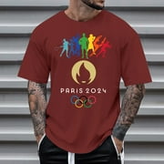 ENCOUTHRE Men's Printed casual round neck fashion comfortable soft cotton French pullover Olympics T-Shirts , Mens Undershirts Brick Red M