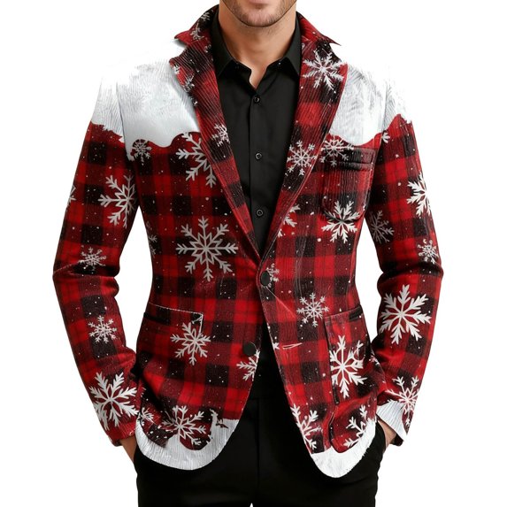 Men's Printing Corduroy Warm Pocket Suit Jacket Cardigan, Men's Casual Suit with Christmas Theme, Comfortable and Festive for Holiday Events,Red,2XL
