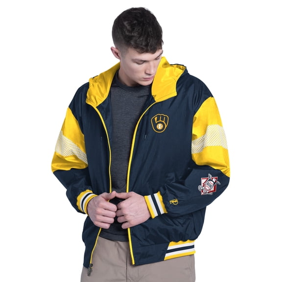 Men's Pro Player Navy/Gold Milwaukee Brewers Legacy Lightweight Full-Zip Hooded Jacket