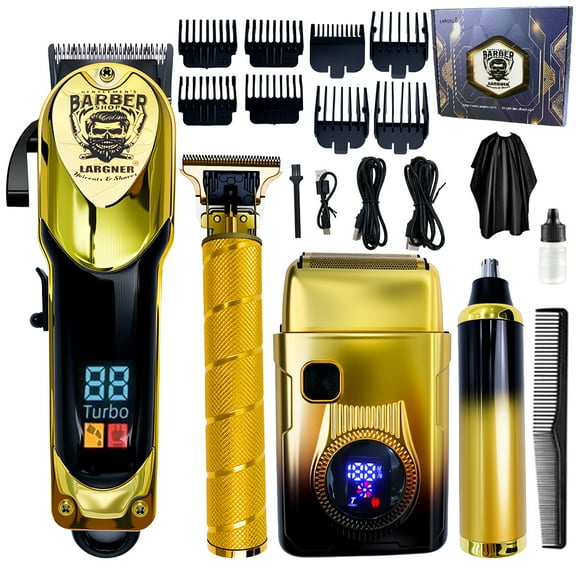 Men's Professional Hair Clippers Set, Cordless Beard Trimmer & Electric Shaver, Rechargeable 4-Piece Kit with LED Display