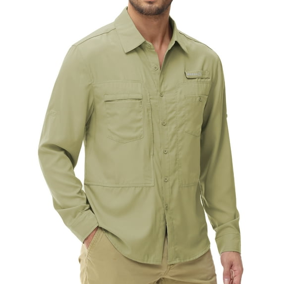 Men's Protection Fishing Shirts UPF 50+ Sun Long Sleeve Lightweight Hiking Travel Work Zipper Pocket Sage Green S