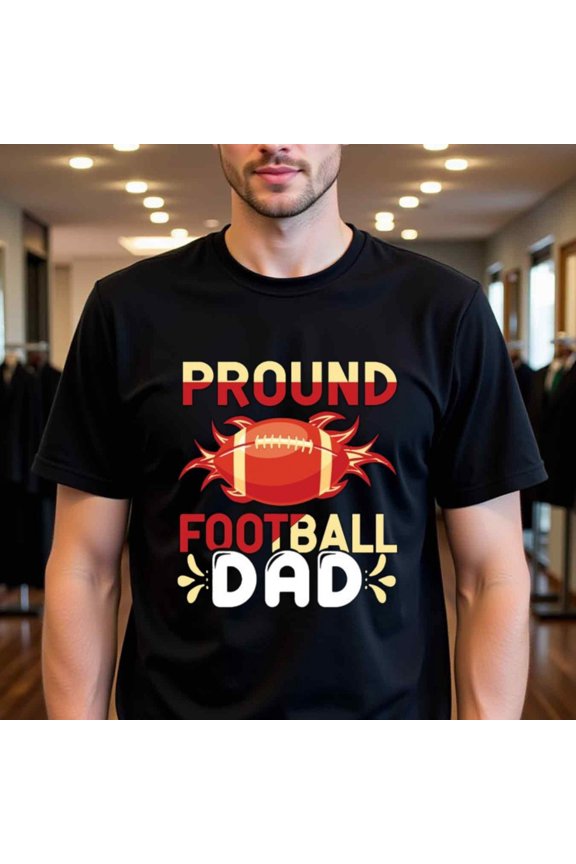 Men's Proud Football Dad Graphic Thirt - Black with Red & Yellow Football Design - Heavyweight 180gsm Cotton Crew Neck Tee - Perfect Gift for American Football Coaches, Players, Game Days - Alleason