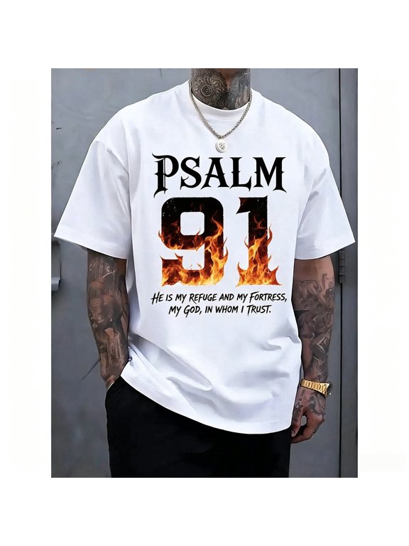 Men's Psalm 91 Religious Graphic T-Shirt Black With White Inspirational Bible