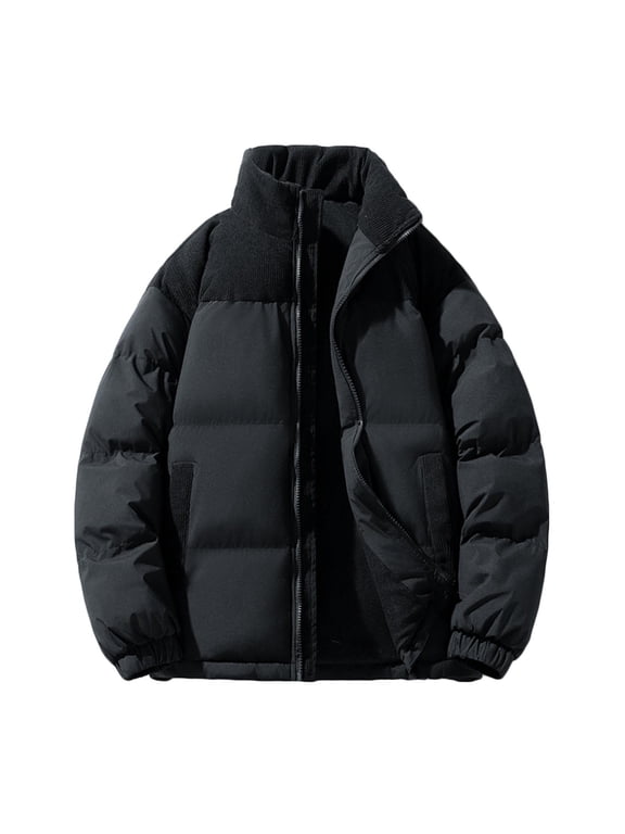 Men's Puffer Coat No Hood Heavyweight Thick Cotton Down Zipper Jacket with Pockets Winter Warm Snow Outerwear (2XL, Black)
