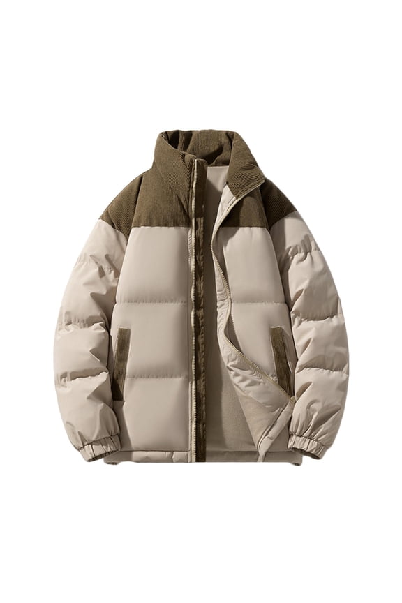 Men's Puffer Coat No Hood Heavyweight Thick Cotton Down Zipper Jacket with Pockets Winter Warm Snow Outerwear (L, Coffee)