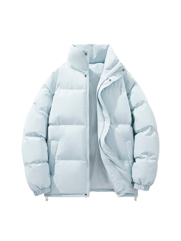 Men's Puffer Coat No Hood Heavyweight Thick Cotton Down Zipper Jacket with Pockets Winter Warm Snow Outerwear (L, Light Blue)