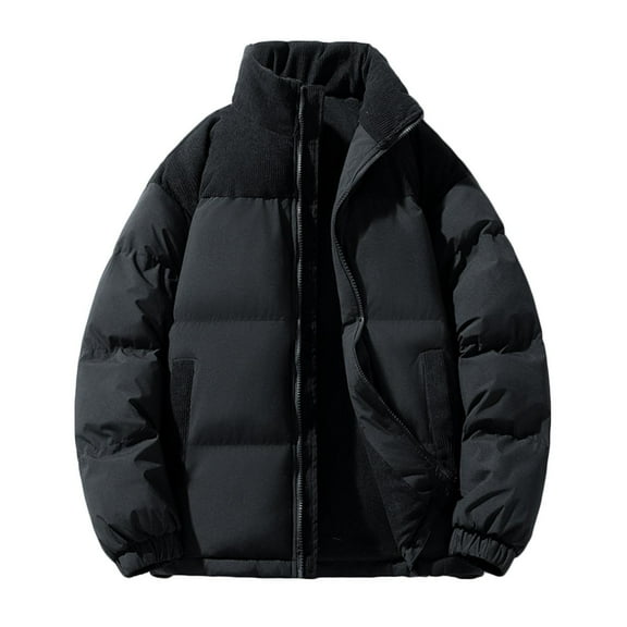 Men's Puffer Coat No Hood Heavyweight Thick Cotton Down Zipper Jacket with Pockets Winter Warm Snow Outerwear (M, Black)