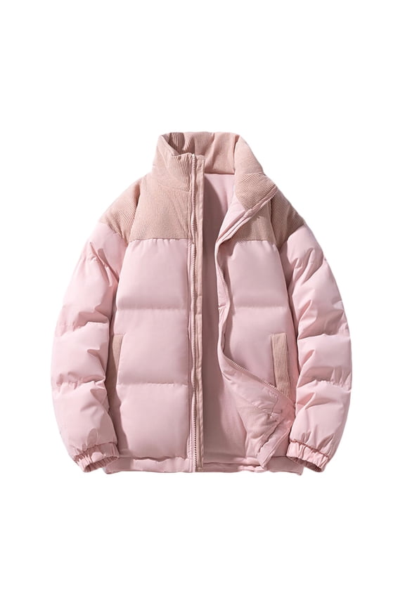 Men's Puffer Coat No Hood Heavyweight Thick Cotton Down Zipper Jacket with Pockets Winter Warm Snow Outerwear (XL, Pink 01)