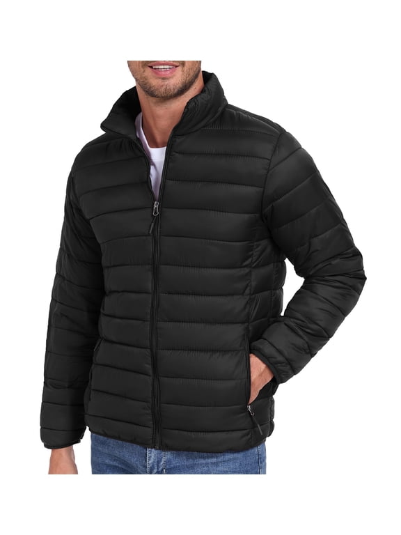Mens Puffer Jacket - Waterproof Zip Up Hooded Lightweight Jacket for Men Black XL