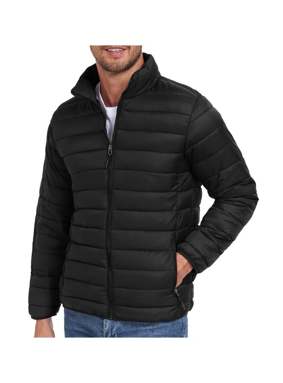 Mens Puffer Jacket - Waterproof Zip Up Hooded Lightweight Jacket for Men Black XL