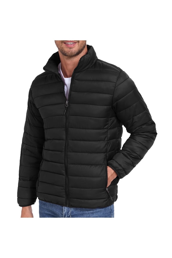 Mens Puffer Jacket - Waterproof Zip Up Hooded Lightweight Jacket for Men Black XXL