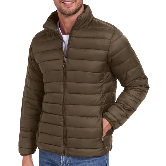 Lavenicole Mens Puffer Jacket - Waterproof Zip Up Hooded Lightweight Jacket for Men Brown XL