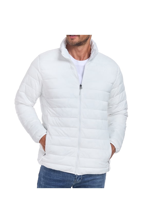 Mens Puffer Jacket - Waterproof Zip Up Hooded Lightweight Jacket for Men White M