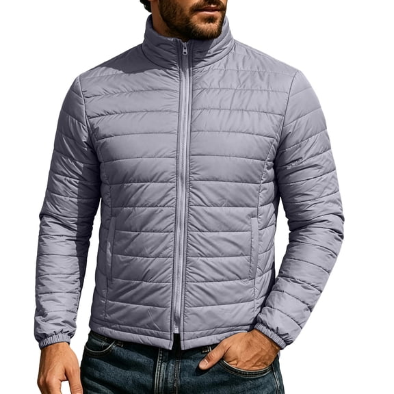 Men's Puffer Jacket Lightweight Zipper Stand Collar Warm Thermal Outerwear for Cold Weather
