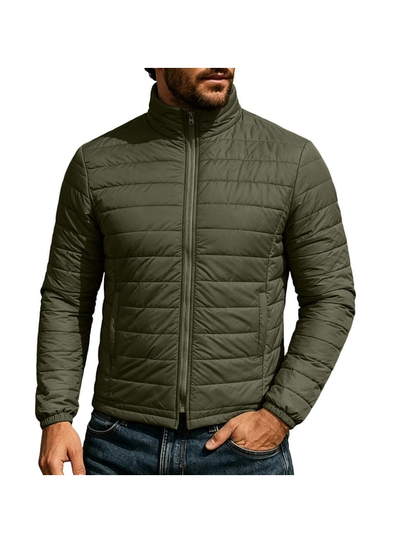 Men's Puffer Jacket Lightweight Zipper Stand Collar Warm Thermal Outerwear for Cold Weather