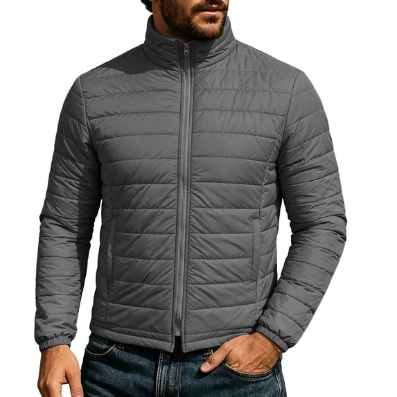 Men's Puffer Jacket Lightweight Zipper Stand Collar Warm Thermal Outerwear for Cold Weather