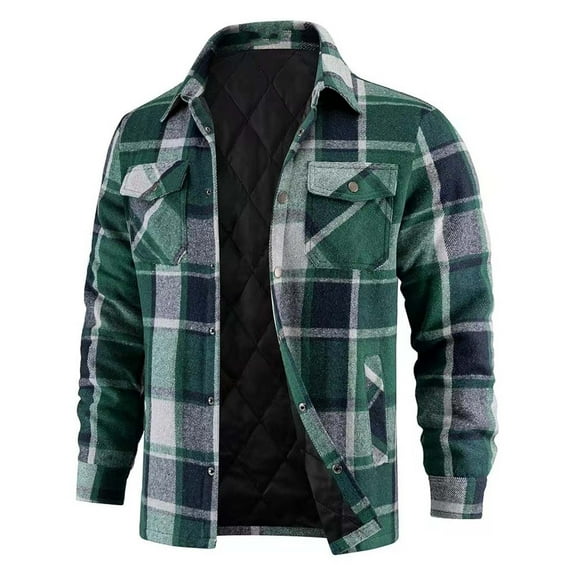 Men's Puffer Jacket Long Sleeve Plaid Stand Collar Button Down Coat with Pockets Green XL