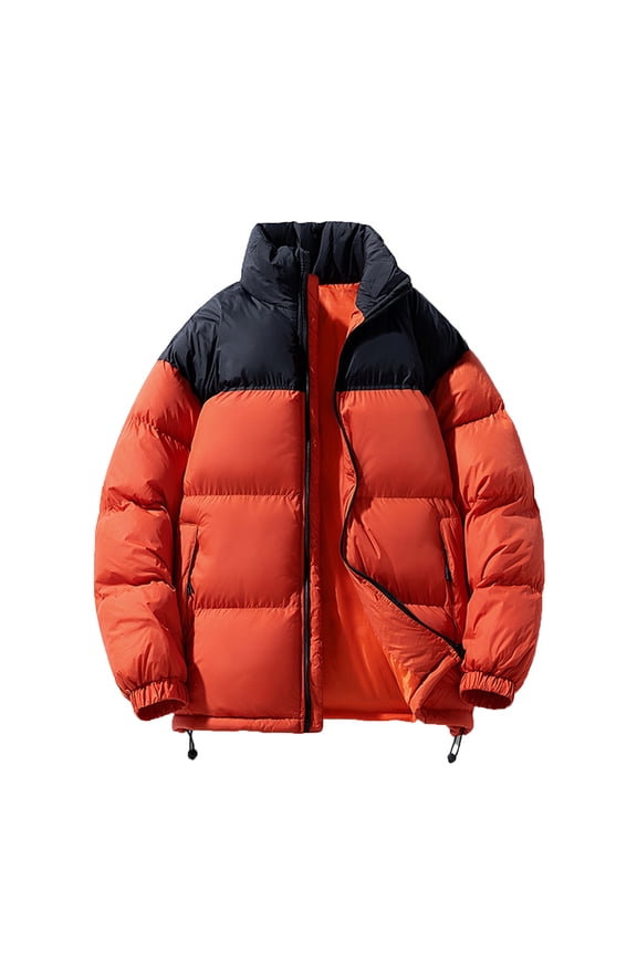 Men's Puffer Jacket Thickened Winter Bubble Coat Warm Stand Collar Color Block Zip Up Jacket