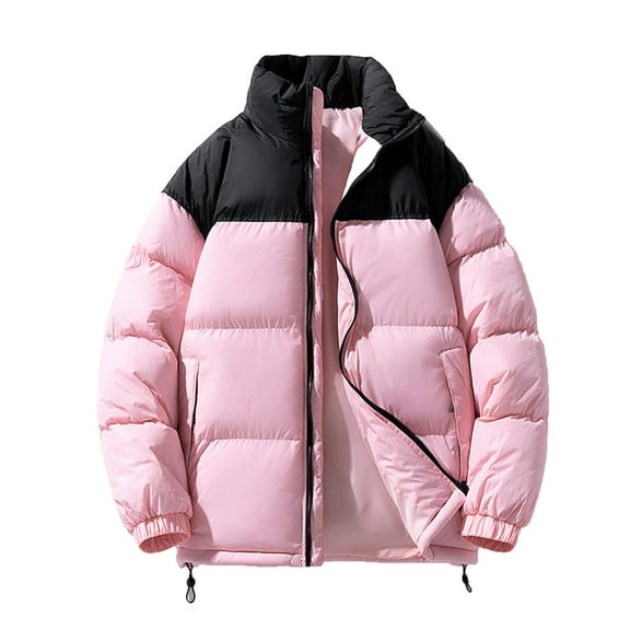 Men's Puffer Jacket Thickened Winter Bubble Coat Warm Stand Collar Color Block Zip Up Jacket