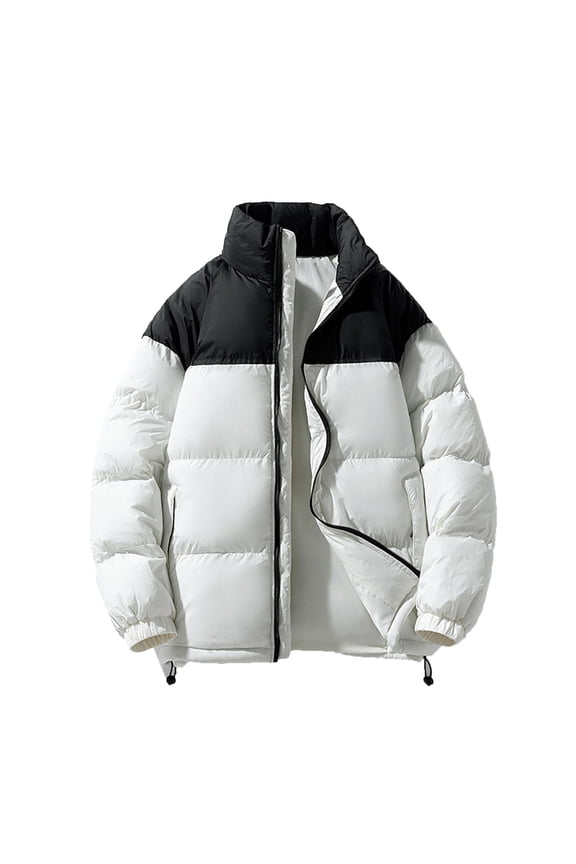 Men's Puffer Jacket Thickened Winter Bubble Coat Warm Stand Collar Color Block Zip Up Jacket