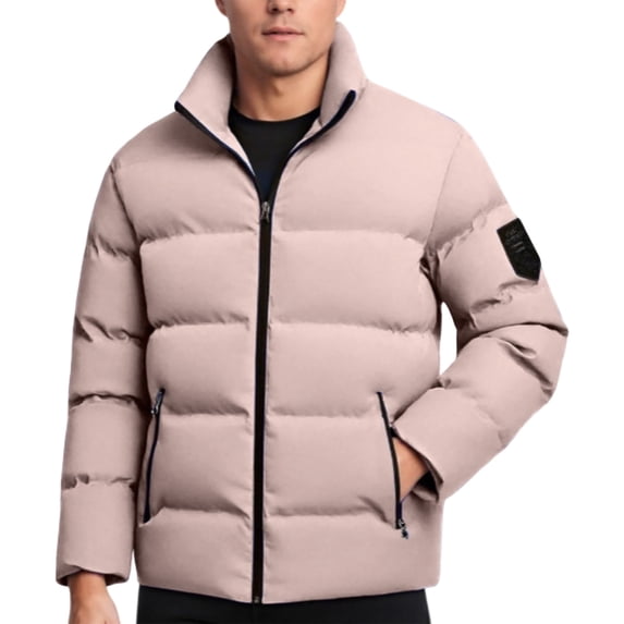 Men's Puffer Jacket Thickened Winter Coat Stand Collar Zip Up Jacket Color Pink Size XXXXXL