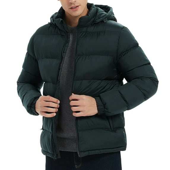 Men's Puffer Jacket with Detachable Hood, Warm Winter Coat Long Sleeve Insulated, Solid Color Windproof Jacket for Outdoor Activities and Daily Wear