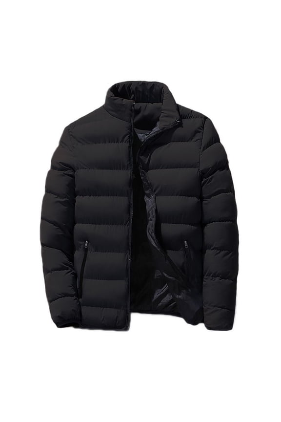 Men's Puffer Jacket without Hood Warm Casual Sports Windbreaker Coat Zipper Pocketed Winter Outerwear (M, Black)