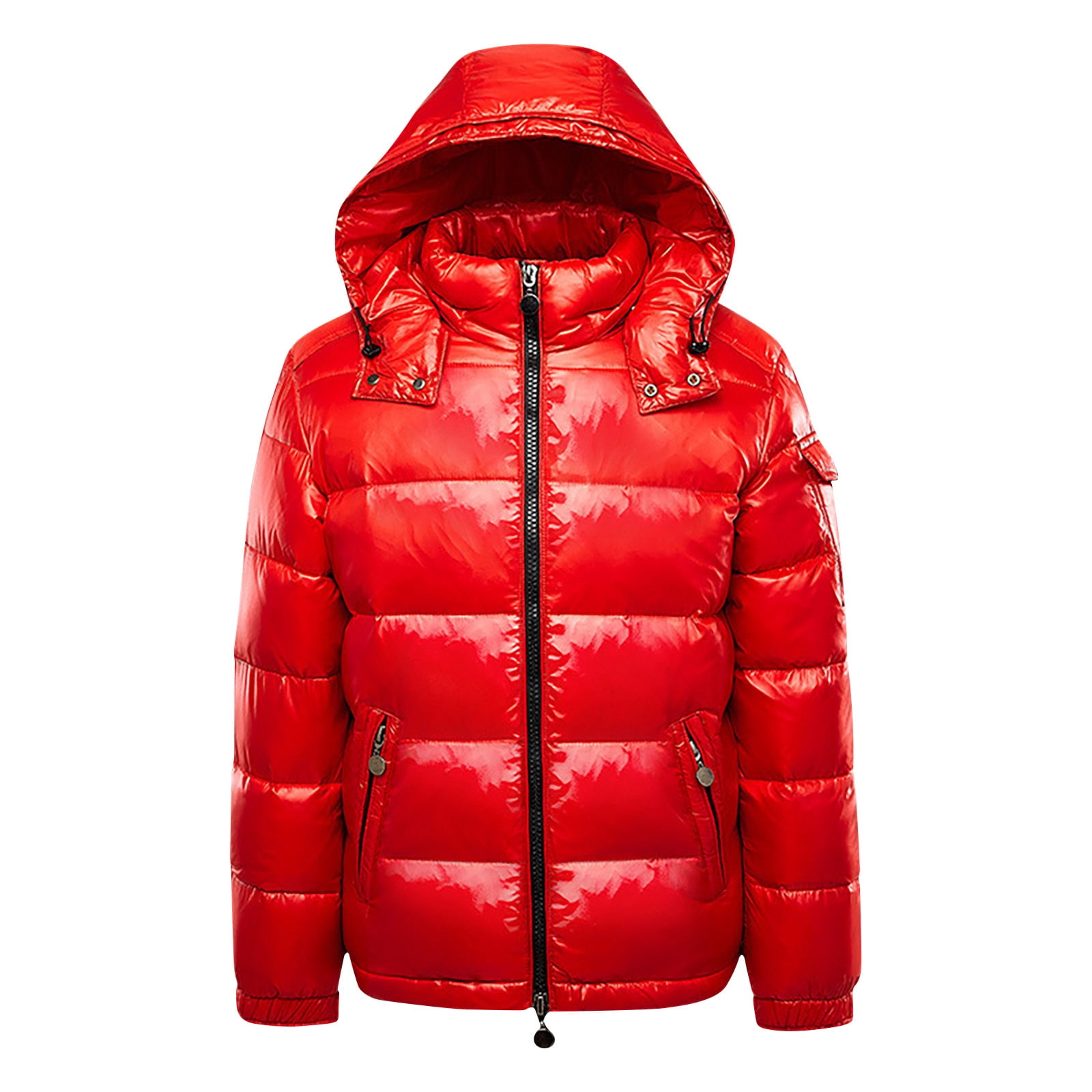 Men's Puffer Jackets Casual Warm Lightweight Down Jacket Winter Solid Color Waterproof Zipper Hooded Coat Red M