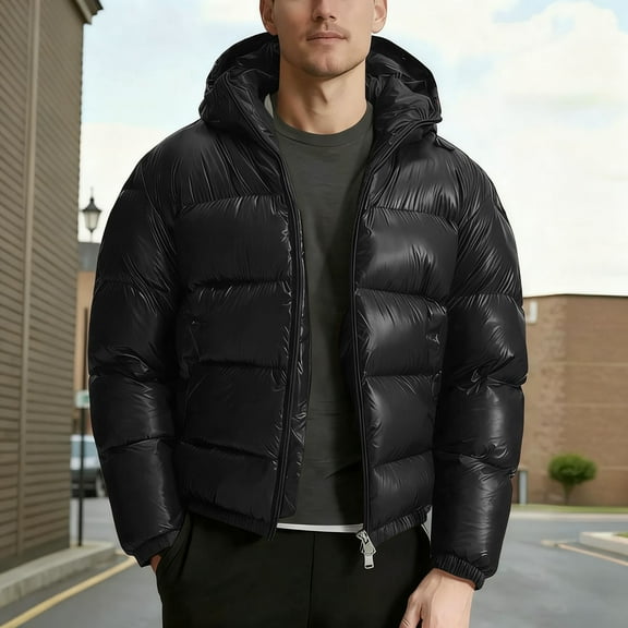 Men's Puffer Jackets with Hood Casual Winter Insulated Hooded Coat (Black XS)