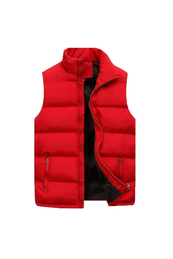 Men's Puffer Vest Casual Stand Collar Quilted Waistcoat Outdoor Padded Ski Vest Red L
