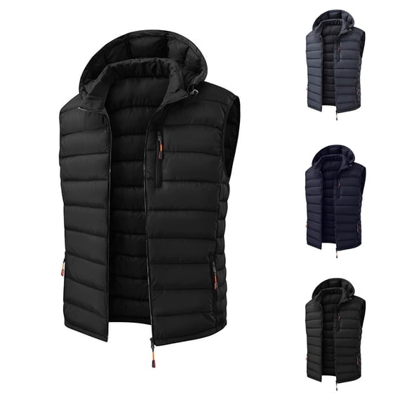 Men's Puffer Vest Lightweight Water-Resistant Winter Outdoor Full Zip Up Work Sleeveless Hooded Warm Vest Jacket Outerwear with 3 Zipper Pockets