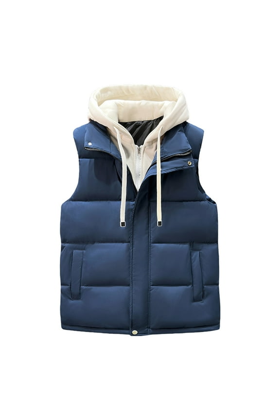 Men's Puffer Vest Removable Hooded Quilted Padded Sleeveless Vest Color Block Sleeveless Jacket Outerwear