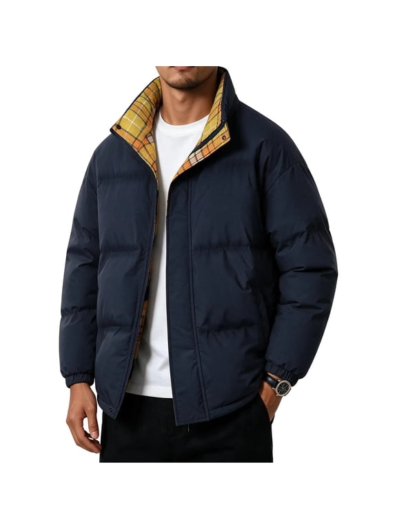 Men's Puffer Zip Up Jacket Stand Collar Quilted Winter Coat Plaid Lining Casual Warm Outerwear Long Sleeve Elastic Cuff Padded Jacket for Daily Outdoor Travel Navy XL