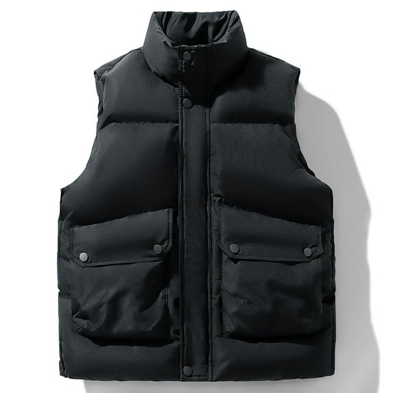 Men's Puffy Vests Casual Stand Collar Sleeveless Jackets Cotton Padded Winter Warm Outwear Gilet for Outdoor Travel Black 3XL