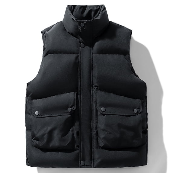 Men's Puffy Vests Casual Stand Collar Sleeveless Jackets Cotton Padded Winter Warm Outwear Gilet for Outdoor Travel Black 4XL