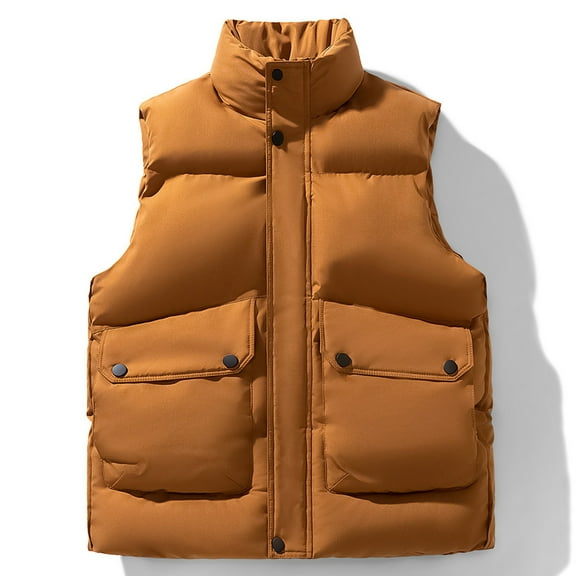Men's Puffy Vests Casual Stand Collar Sleeveless Jackets Cotton Padded Winter Warm Outwear Gilet for Outdoor Travel Brown 3XL