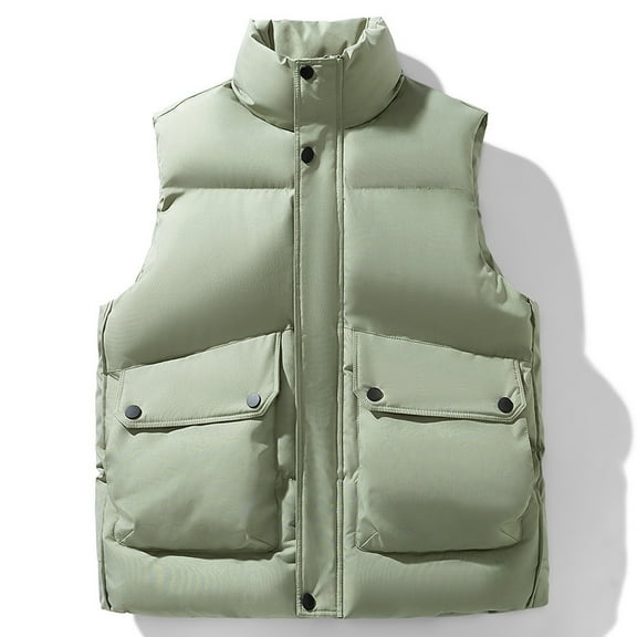 Men's Puffy Vests Casual Stand Collar Sleeveless Jackets Cotton Padded Winter Warm Outwear Gilet for Outdoor Travel Green 4XL