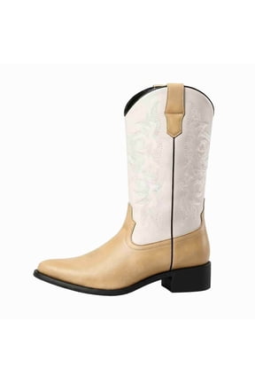 Men’s Pull-On Mid Shaft Western Cowboy Boots, Stitched Pattern Pointed Toe Side Zipper Casual Work boots, Block Low Heel Retro Style