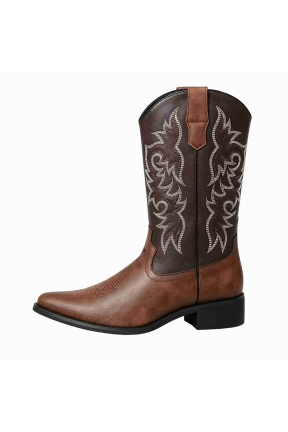 Men’s Pull-On Mid Shaft Western Cowboy Boots, Stitched Pattern Pointed Toe Side Zipper Casual Work boots, Block Low Heel Retro Style